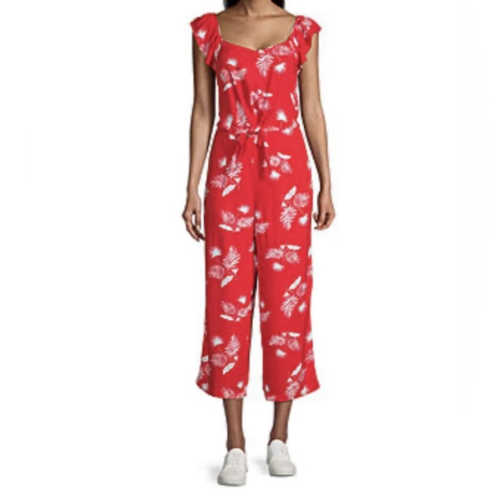 Jumpsuit Leaves Print Women's Size S, Red and White Wide Leg Crop